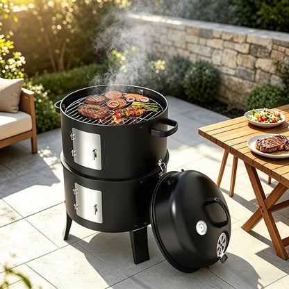 KEYO GRILL 18 Inch Vertical Charcoal Smoker, 3-in-1 Heavy Duty Outdoor BBQ Grill with Thermometer, Portable Camping Barbecue Grill for Garden Patio Beach Backyard