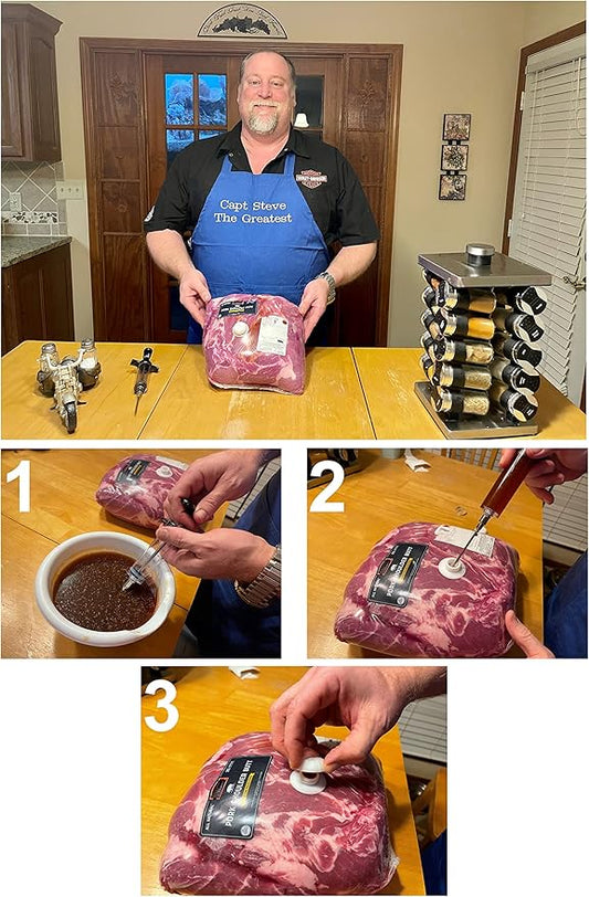 Capt Steve’s Meat Marinator Kit by Dr. Organizer – Stainless Steel Injector with Needle, 12 Single-Use Injector PIPs & 4 Recipes – Marinate Meat in Packaging, Vacuum-Sealed Friendly, US Patent Pending