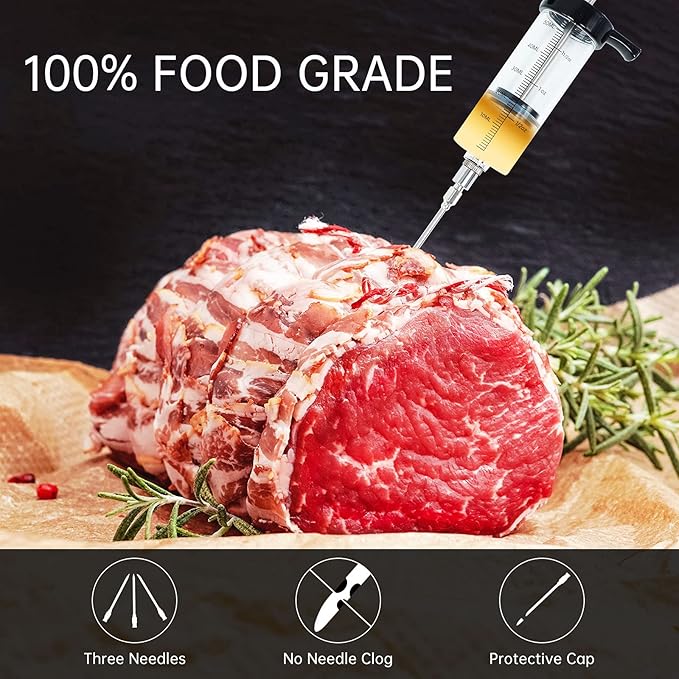 Meat Injector Syringe Turkey Marinade Injector Kit, 1.6-Oz Syringe Set with 3 Professional Needles,1 Silicone Brush,4 Extra O-Rings,1 Cleaning Brush for Basting&Grilling, Flavor Injector for Smoking