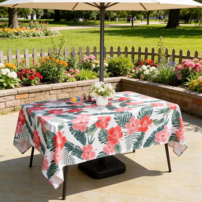 SquarePie Rectangle Outdoor Tablecloth with Umbrella Hole and Zipper 60x84 inch,Water Resistant SpillProof Patio Table Cloth for Spring Summer Camping Garden Poolside Picnic,Palm Leaf Red Flower