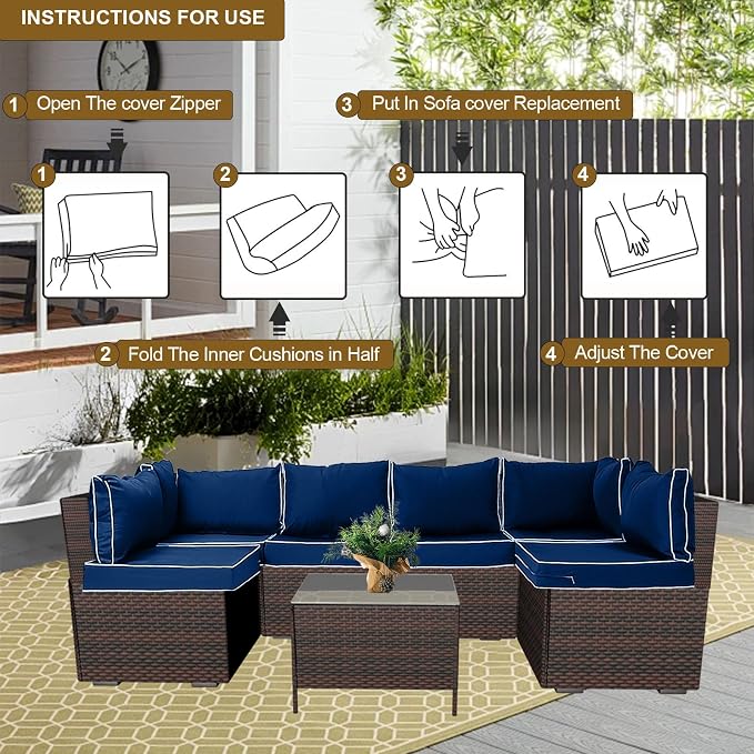 14 Piece Outdoor Patio Cushion Cover Replacement, Waterproof Patio Cushion Covers, Outdoor Furniture Cushion Covers Set for 6 Seat Wicker Rattan Sofa (Blue+White Side)