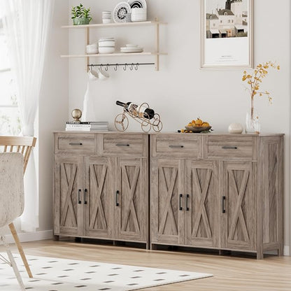 Homhedy Coffee Bar Storage Cabinet with Drawers, Kitchen Buffet Cabinet | Sideboard Cabinet with Doors, Farmhouse Buffet Cabinet, Adjustable Shelves, for Kitchen / Dining / Living Room, Greige