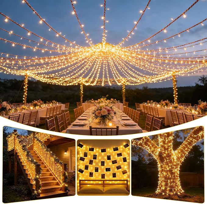 Solar String Lights Outdoor Waterproof 2 Pack Total 66ft 200LED Warm White | 8 Modes Twinkle Lights Solar Fairy Lights for Patio, Garden Yard Party Wedding Tree Christmas Halloween Decoration