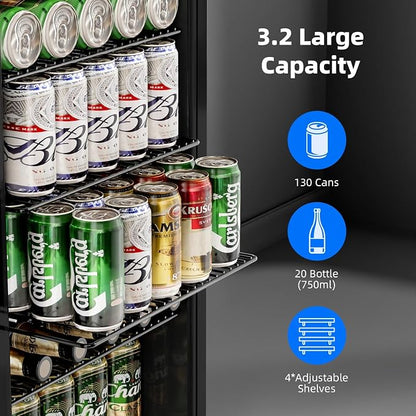 Antarctic Star mini fridge -130 can beverage refrigerator cooler glass door for soda beer or wine, small drink dispenser for home, office bar 3.2cu.ft