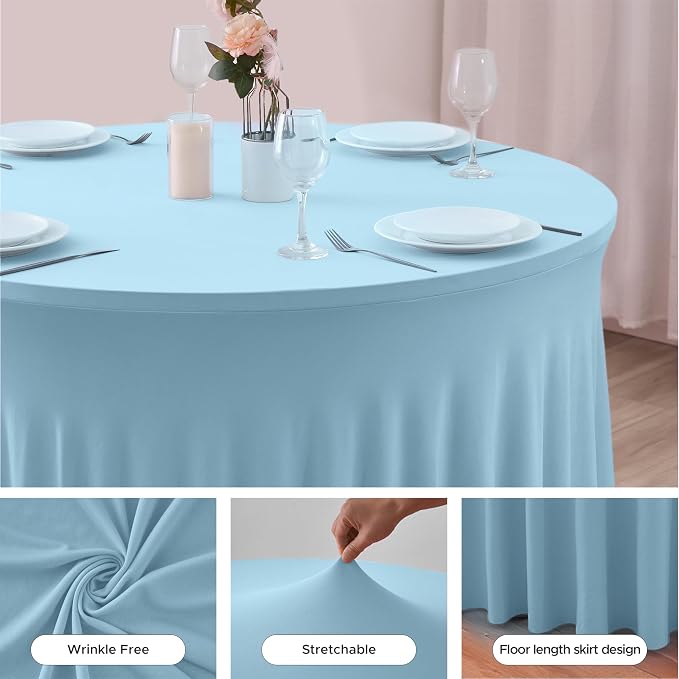 HolidayIdeas Fitted Baby Blue Spandex Table Skirts for Wedding Party,60 Inch Round,6 Pack