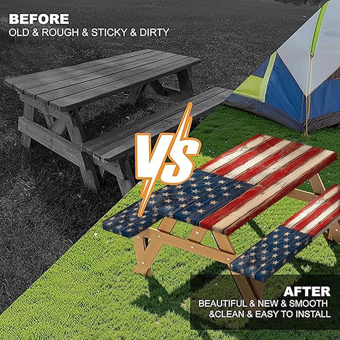 American Flag Picnic Table Cover with Bench Covers and Bag | 4th of July Waterproof Oilproof Fitted Tablecloth with Elastic Edges for Patriotic Outdoor Decor Camping 3Pcs 30x60 Inch