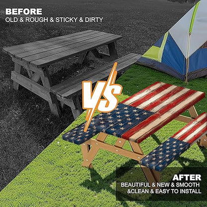 American Flag Picnic Table Cover with Bench Covers and Bag | 4th of July Waterproof Oilproof Fitted Tablecloth with Elastic Edges for Patriotic Outdoor Decor Camping 3Pcs 30x60 Inch