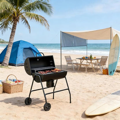 Barrel Style Charcoal Grills, 420 Sq.in Large Cooking Area BBQ Grill with Wheels & Ash Catcher, Portable Outdoor Barbecue for Patio Backyard Picnic Party, Premium 3rd Gen (38.5")