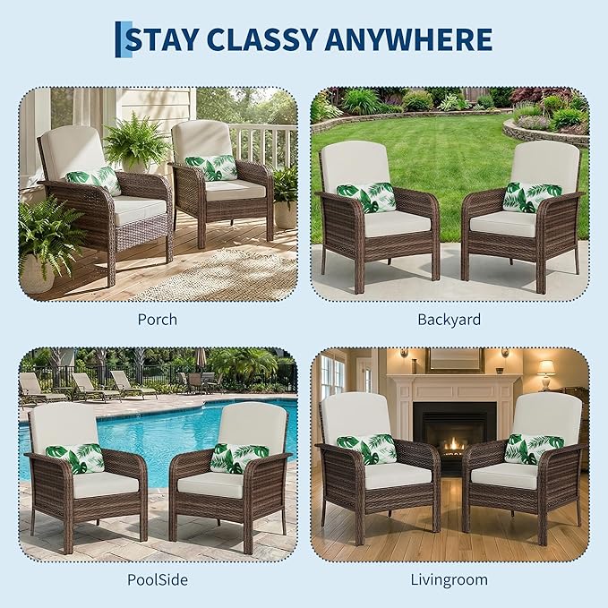 GarveeLife 2-Piece Wicker Chair Set, Brown Gradient Rattan with White Cushion, Comfortable, for Outdoor Lounge are