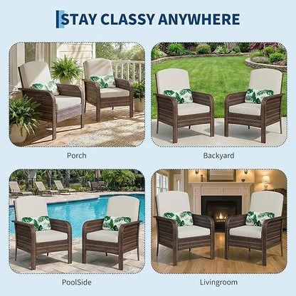 GarveeLife 2-Piece Wicker Chair Set, Brown Gradient Rattan with White Cushion, Comfortable, for Outdoor Lounge are
