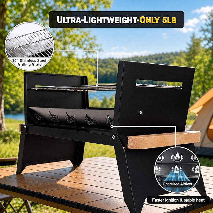 Nomad Portable Charcoal Grill – Ultra-Slim Folding BBQ for Outdoor Cooking, Camping & Travel | 304 Stainless Steel, Heat-Resistant Wood Handles, 3-sec Setup, Ready to serve 3-4 people