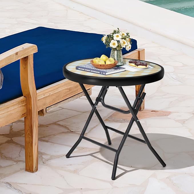 Foldable Side Table with Tempered Glass Top, 2 Pack Yellow | 18" Small Patio Side Tables Outdoor for Porch Yard Balcony Deck Lawn Garden