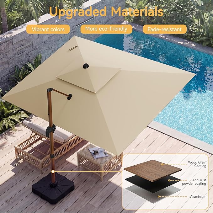 10x13 FT Wood Pattern Patio Umbrella, Large Deluxe Cantilever Rectangular Double Top Heavy Duty Offset Umbrellas with 360° Rotation, Outdoor shade for Garden Deck Pool Patio, Beige