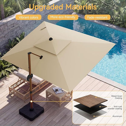 10x13 FT Wood Pattern Patio Umbrella, Large Deluxe Cantilever Rectangular Double Top Heavy Duty Offset Umbrellas with 360° Rotation, Outdoor shade for Garden Deck Pool Patio, Beige