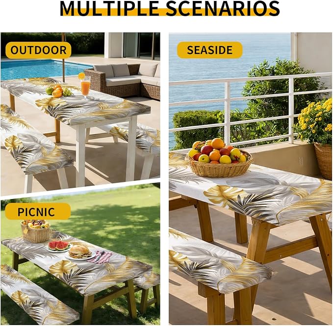 Picnic Table Cover with Bench Covers, 72 X 30 Inch Elastic Fitted Camping Tablecloth with Strap Design for 6FT Rectangle Tables, Windproof Outdoor Tablecloth Set with Storage Bag