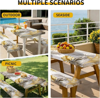 Picnic Table Cover with Bench Covers, 72 X 30 Inch Elastic Fitted Camping Tablecloth with Strap Design for 6FT Rectangle Tables, Windproof Outdoor Tablecloth Set with Storage Bag