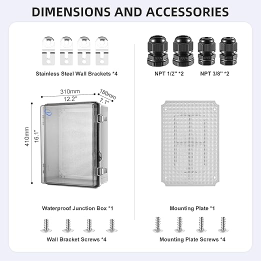 RTHIEAI Waterproof Outdoor IP67 Junction Box(16.1"x12.2"x7.1") with Mounting Plate, Hinged Clear Cover and Wall Brackets - Weatherproof ABS Plastic Electrical Enclosure for DIY Projects(410x310x180mm)
