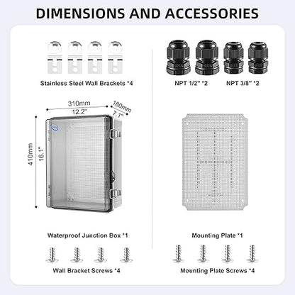 RTHIEAI Waterproof Outdoor IP67 Junction Box(16.1"x12.2"x7.1") with Mounting Plate, Hinged Clear Cover and Wall Brackets - Weatherproof ABS Plastic Electrical Enclosure for DIY Projects(410x310x180mm)