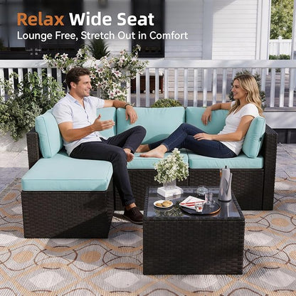 Aoxun Patio Furniture Set 5-Piece, Outdoor Sectional Sofas with Washable Cushion, Wicker Rattan Patio Conversation Sets for Backyard Porch and Poolside, Mint Blue