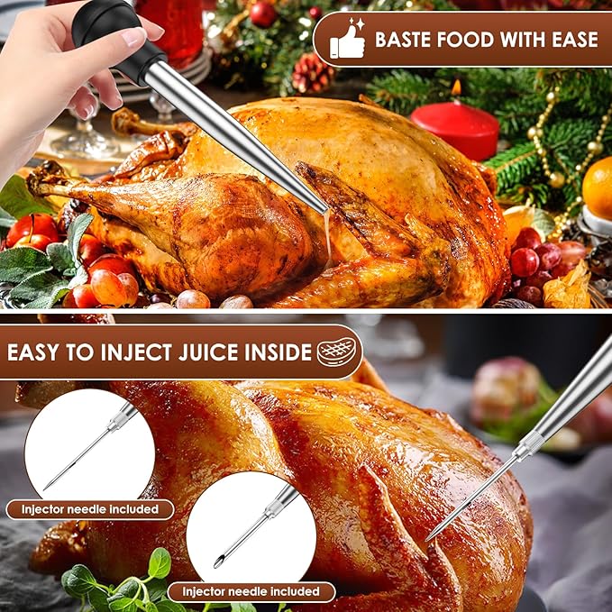 4pack Turkey Baster for Cooking, 16 Pieces Stainless Steel Meat Injector Syringe with 8 Needles & 4 Brushes, Silicone Bulb Baster for BBQ Thanksgiving Kitchen Cooking
