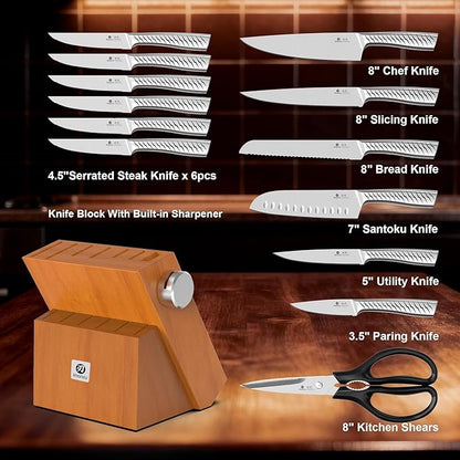 imarku 14-Piece Knife Set with Block, One Set for Meat, Fish, Veggies & Bread, Glides Through Every Cut, High Carbon Stainless Steel with Built-in Sharpener, Dishwasher Safe,Ergonomic Non-Slip Handle