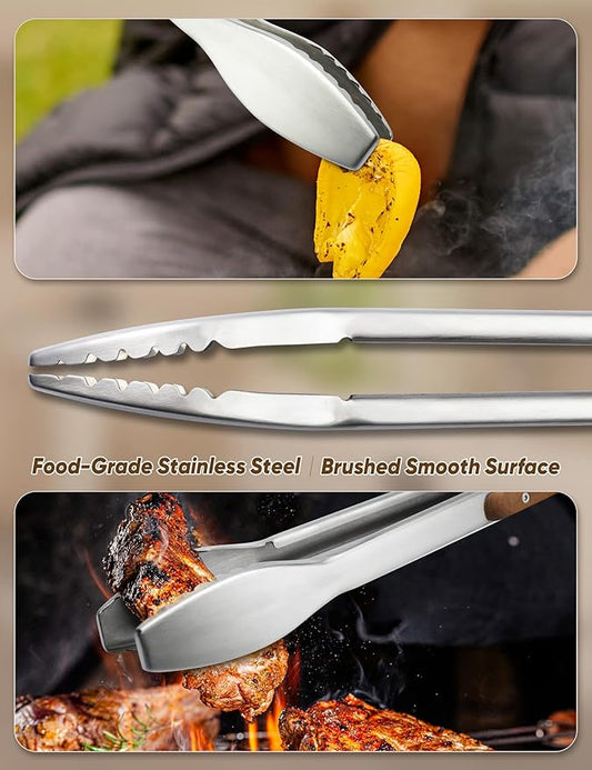 Wood-Handled Grill Tongs, 19.5"/50cm Extra Long BBQ Tongs, Heavy Duty Premium Stainless Steel Metal Tongs with Solid Wood Handles, for Charcoal, Grilling, BBQ, Barbecue, Cooking