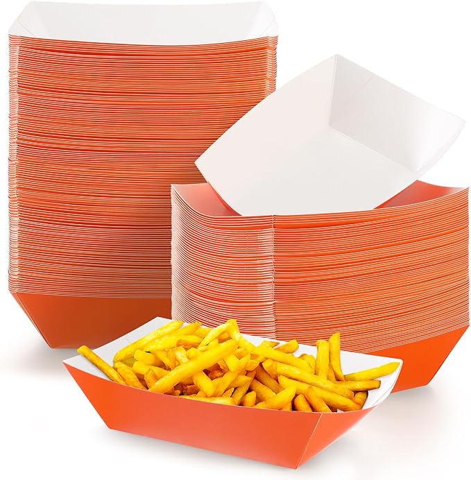 100 Pcs 2lb Paper Food Trays Boat Nacho Boats for Hot Dogs, Orange | Grease-Resistant, Disposable Kraft Paper Boat for Tacos Concession, Food Trucks, Birthday, Wedding, Christmas, Halloween