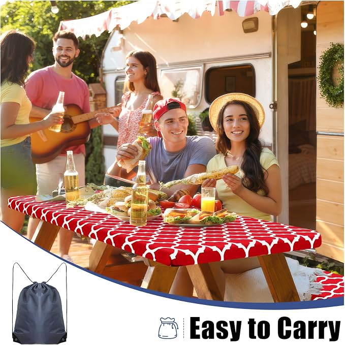 Smiry Picnic Table Cover with Bench Covers, Waterproof Elastic Fitted Tablecloth for 8 Foot Tables, Washable Polyester Tablecloths for Camping, Indoor & Outdoor (Red, 30x96 Inch 3-pc Set)