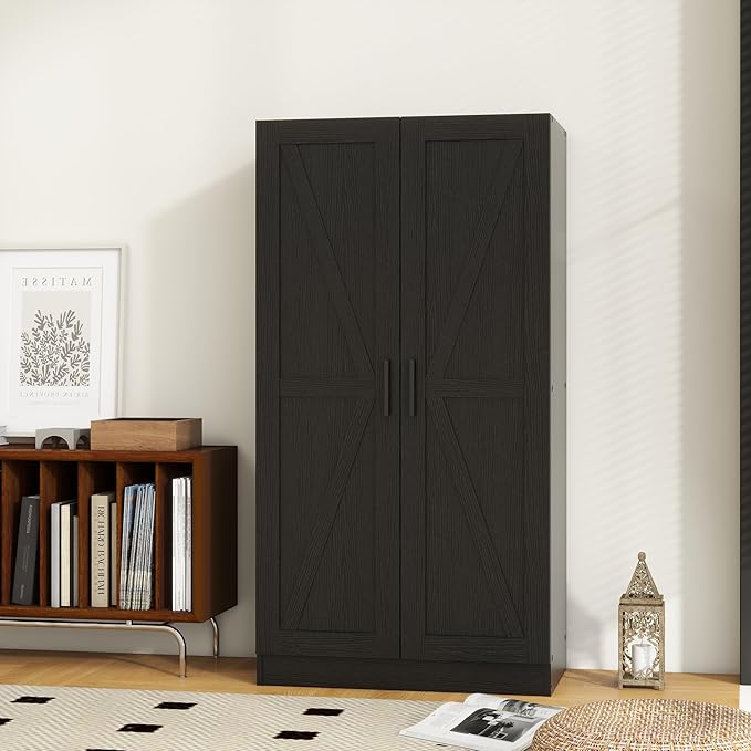 Wooden Storage Cabinet, Collection Food Pantry Narrow Cabinet Free Standing with 2 Doors and 3 Shelves Tool Cabinet, for Kitchens, Living Room, Utility Rooms (Black)
