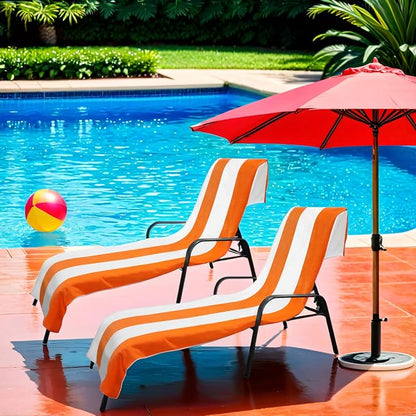 Superior Cabana Cotton Lounge Chair Cover, Outdoor Towel/Chaise Furniture Covers, Terry Cloth, Beach, Spa, Swim Accessories, Pool Chair Cover, Soft, Quick Drying, 32" x 102", Set of 2, Orange