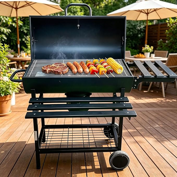 Charcoal Grill BBQ Outdoor Cooking Smoker with Side Table, Large Cooking Area for Patio, Backyard, Camping, Picnics, Tailgating and Parties