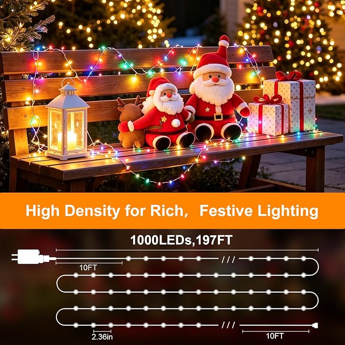 Outdoor String Lights 197ft 1000 LED Multicolor Silver Copper Wire Fairy Lights with Remote Listed Plug-in Christmas Lights 8 Modes Low Voltage Twinkle Lights for Garden Patio Yard Tree Wedding Party