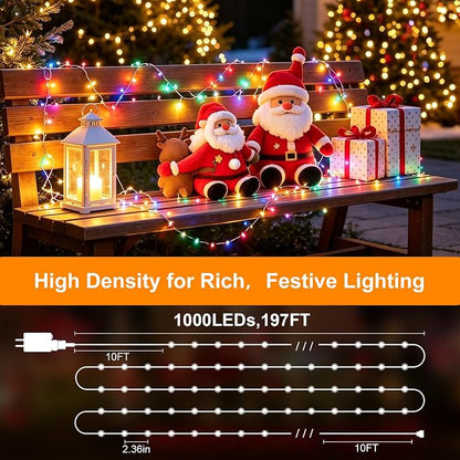 Outdoor String Lights 197ft 1000 LED Multicolor Silver Copper Wire Fairy Lights with Remote Listed Plug-in Christmas Lights 8 Modes Low Voltage Twinkle Lights for Garden Patio Yard Tree Wedding Party