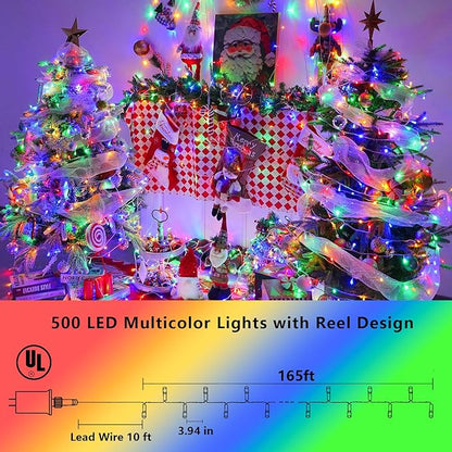 YEGUO 165ft 500 LED Christmas Lights Outdoor Waterproof, Clear Wire String Lights Indoor Plug in, 8 Modes Twinkle Tree Light Multicolor
