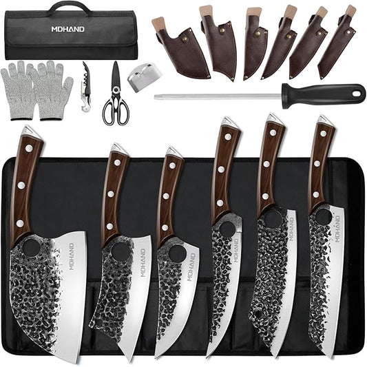 MDHAND Butcher Knife Set, 18PCS Hand Forged Serbian Chef Knife Set with Bag, Full Tang Kitchen Knife Sets with High Carbon Steel, Meat Cleaver Butcher Boning Knife for Brisket Trimming, Gift for Men