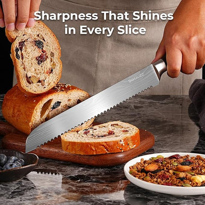 DiiHAUZZ Bread Knife for Homemade Bread, 10 Inch Serrated High Carbon Stainless Steel - Ultra Sharp Artisan Loaf Cutter for Slicing Sourdough, Crusts, Baguettes, Bagels and Cakes, Fathers Day Gift