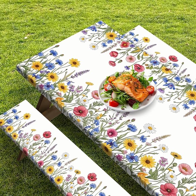 Picnic Table Cover with Bench Covers, Wildflower, 72 Inch, 3PCS | Waterproof fitted tablecloth with elastic edges for outdoor camper camping essentials with drawstring bag