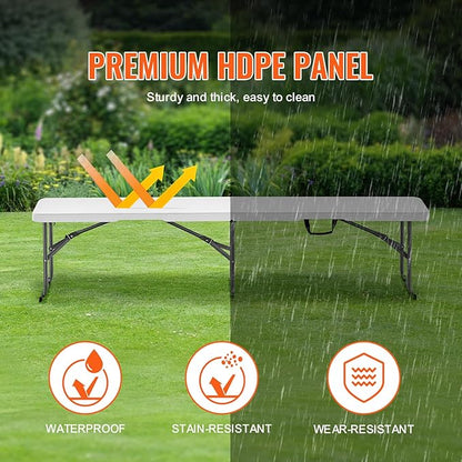 VEVOR Plastic Folding Bench, 6ft Portable Folding Bench, Smooth High Density Polyethylene Waterproof Outdoor Bench, Picnic Camping Table with Handle for Garden Soccer Playtime, White (2 Pack) | for Garden Playtime, Camping, Outdoor Event, Picnic Polyet...