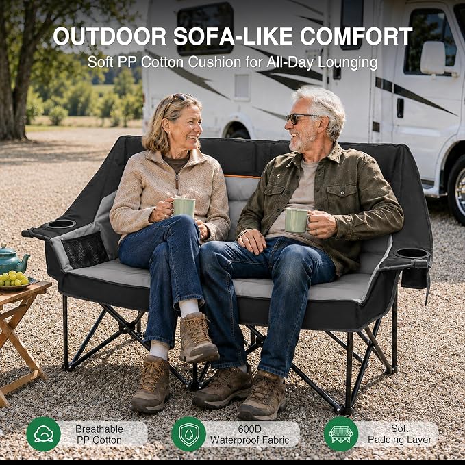 HOPERAN Double Camping Chair 660lb Camping Couch Oversized Folding Loveseat | 58" Wide Seat, 600D Fabric, 2 Person Camp Chair, Heavy Duty, Side&Rear Pocket, Cup&Wine Glass Holder, for Lawn Patio Beach