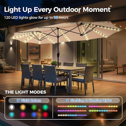 SUPERJARE 13ft Outdoor Patio Umbrella with Solar Lights, Double-sided Deck Pool Umbrella with 1.5 Inch Pole, Fade Resistant Canopy, 12 Sturdy Ribs, for Porch, Market, Backyard, Beige (No Base)