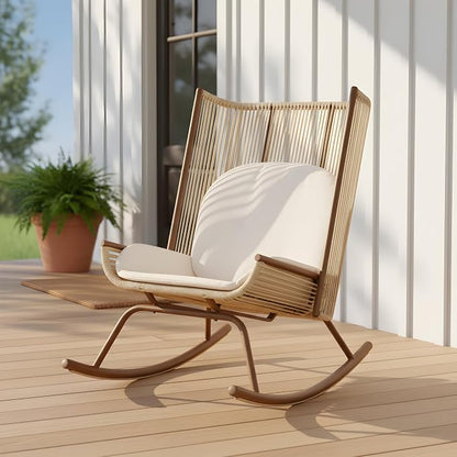 Christopher Knight Home Lumin Outdoor Rocking Chair, High Back PE Rattan Wicker Rocker with Metal Frame, Rocking Chair with Cushion, Comfort Rocker with Ergonomic Design for Patio or Lounge, Beige