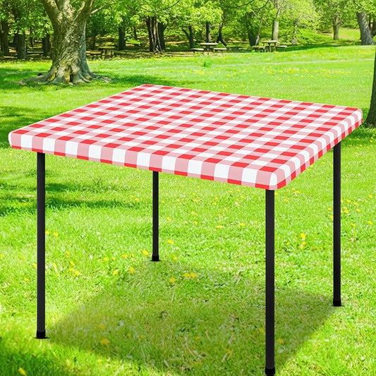 Smiry Square Picnic Table Cloth, Elastic Waterproof Fitted Vinyl Tablecloths, Flannel Backed Buffalo Plaid Table Covers for Dining, Camping, Outdoor (White and Red, 42" x 42")