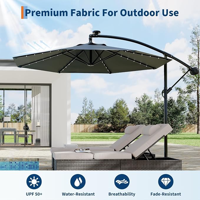 15FT Outdoor Patio Umbrella,Double-Sided Rectangle Market Umbrella with 36 LED Solar Lights & Base,UV50+ Weather-Resistant Oversized Outdoor Umbrella,Crank Lift,3-Way Shade for Pool,Garden,Backyard