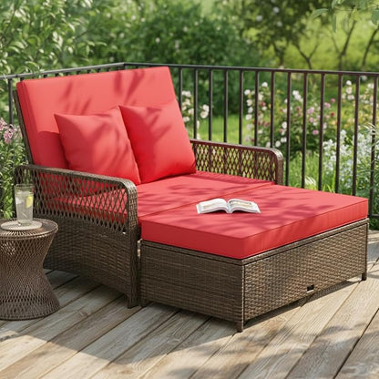 Tangkula Patio Adjustable Wicker Daybed, Rattan Loveseat & Storage Ottoman w/ 4-Level Backrest & Soft Cushions, Space-Saving 2-Person Sun Lounger for Backyard, Porch (Red)