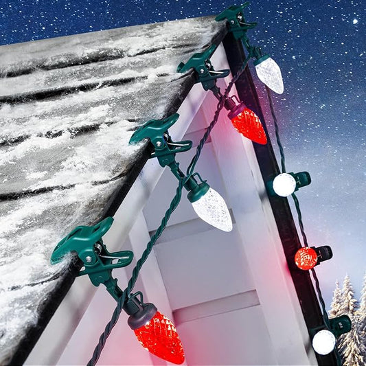C9 LED Christmas Lights Outdoor, 68 Feet 100 LED C9 String Light with 100 Spring Clips, Waterproof Connectable Christmas Tree Lights for Outside Roofline Patio Home Xmas Decor, Red & Pure White