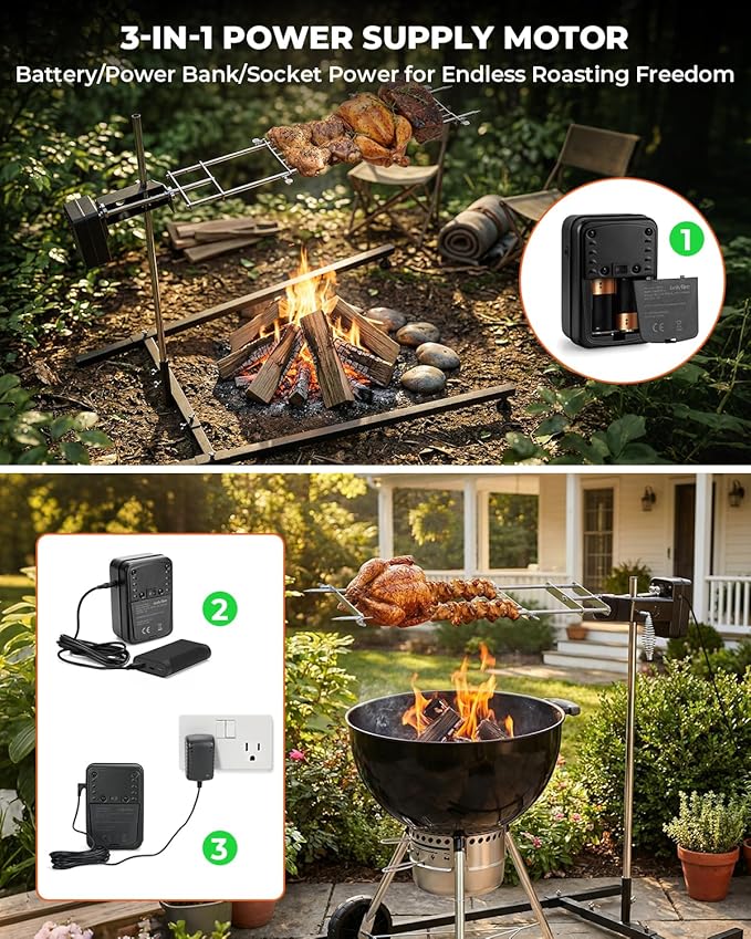 onlyfire Spit Rotisserie Kit with Stand, Open Flame Camping Grill for Outdoors, Cooking Over Any Grill or Fire - Include Motor, Power Adapter and USB Cable