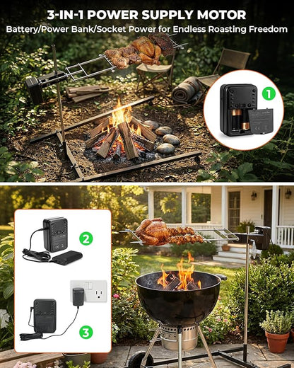 onlyfire Spit Rotisserie Kit with Stand, Open Flame Camping Grill for Outdoors, Cooking Over Any Grill or Fire - Include Motor, Power Adapter and USB Cable