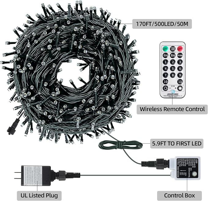 MZD8391 170FT 500LED Color Changing Christmas Light,Christmas Tree Light | Warm White & Multicolor, Waterproof, UL listed, 11 Light Mode, Remote & Timer, Memory, End To End Connect
