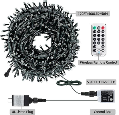 MZD8391 170FT 500LED Color Changing Christmas Light,Christmas Tree Light | Warm White & Multicolor, Waterproof, UL listed, 11 Light Mode, Remote & Timer, Memory, End To End Connect