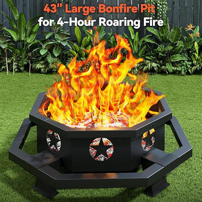 43 inch Large Fire Pit, Outdoor Fire Pit with Heavy Duty Construction, Wood Burning Fire Pits for Outside Octagonal Firepit for Camping, Backyard, Patio, Black